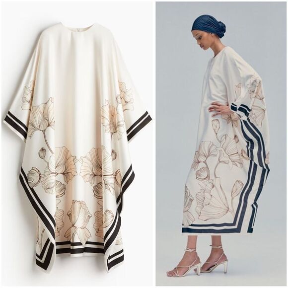 H&M Ramadan Modest Satin Kaftan Dress Floral - Picture 6 of 16